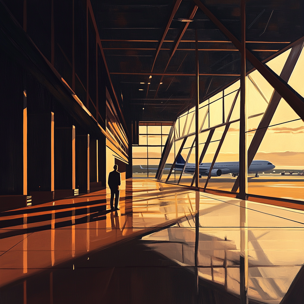 A Traveler in Empty Airport Terminal at Sunrise