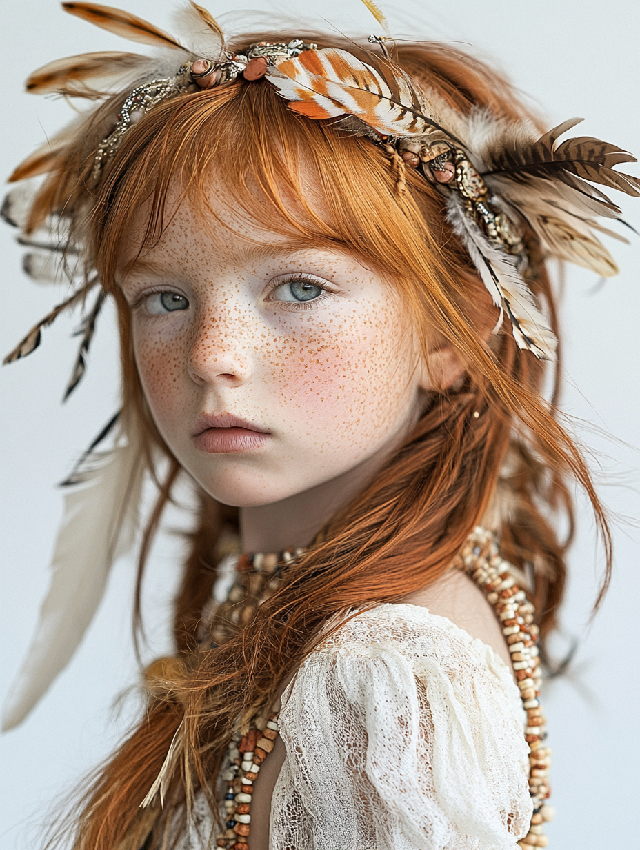 A Tribal Girl with Beads and Feathers in Hair