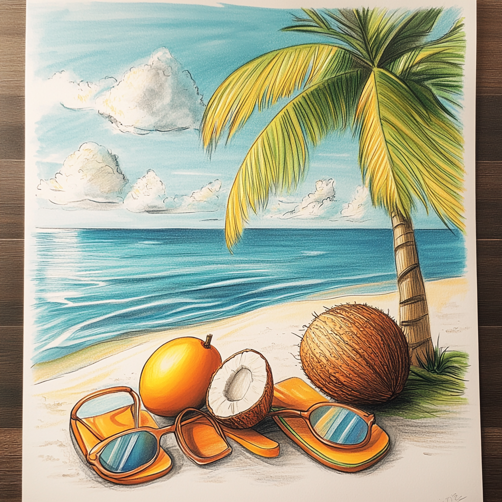 A Tropical Beach Scene with Mangoes and Coconuts