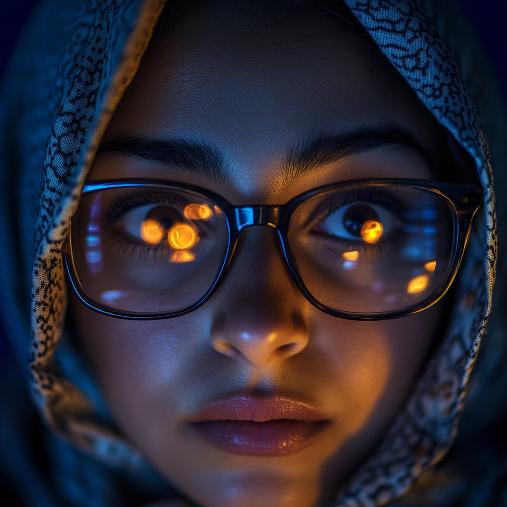 A Tunisian woman working on computer at night.