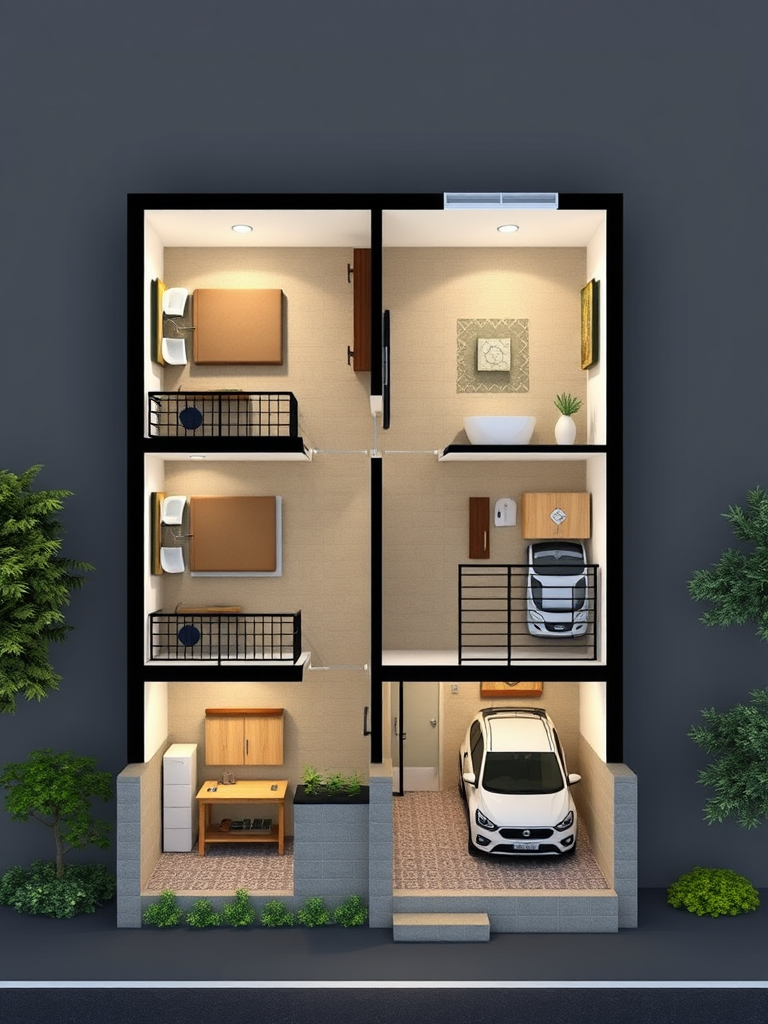 A Two-Bedroom House Plan with Bike Parking