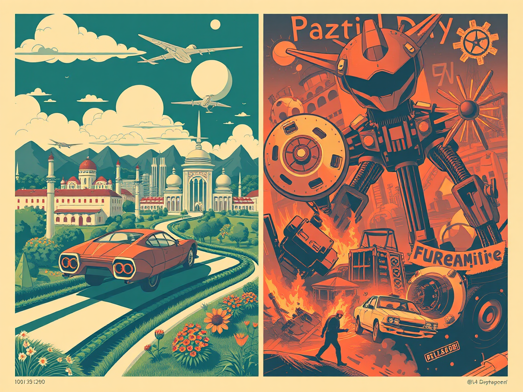 A Utopian-Dystopian Retro-Futuristic Poster