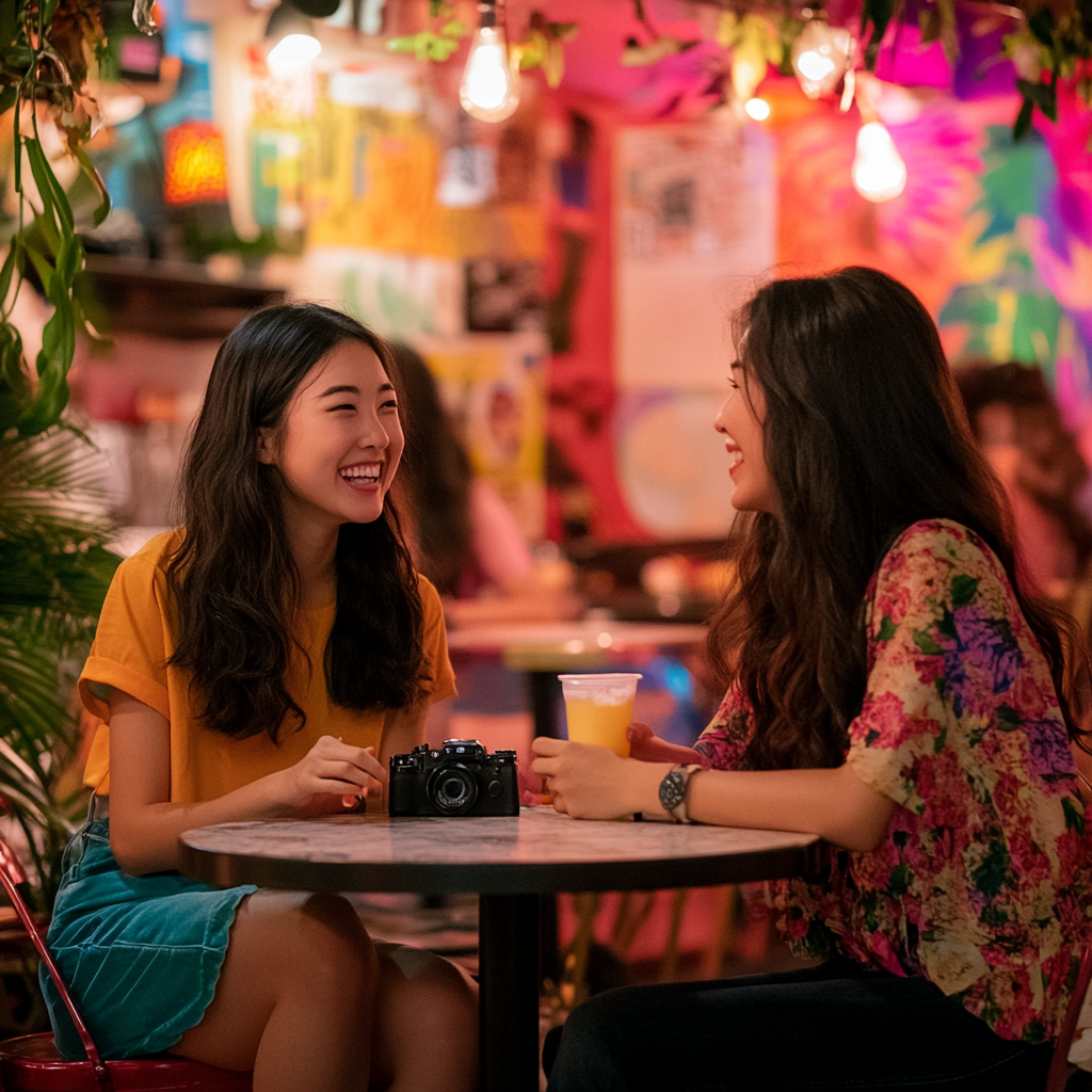 A Vibrant Café with Vivian and Eesha Laughing