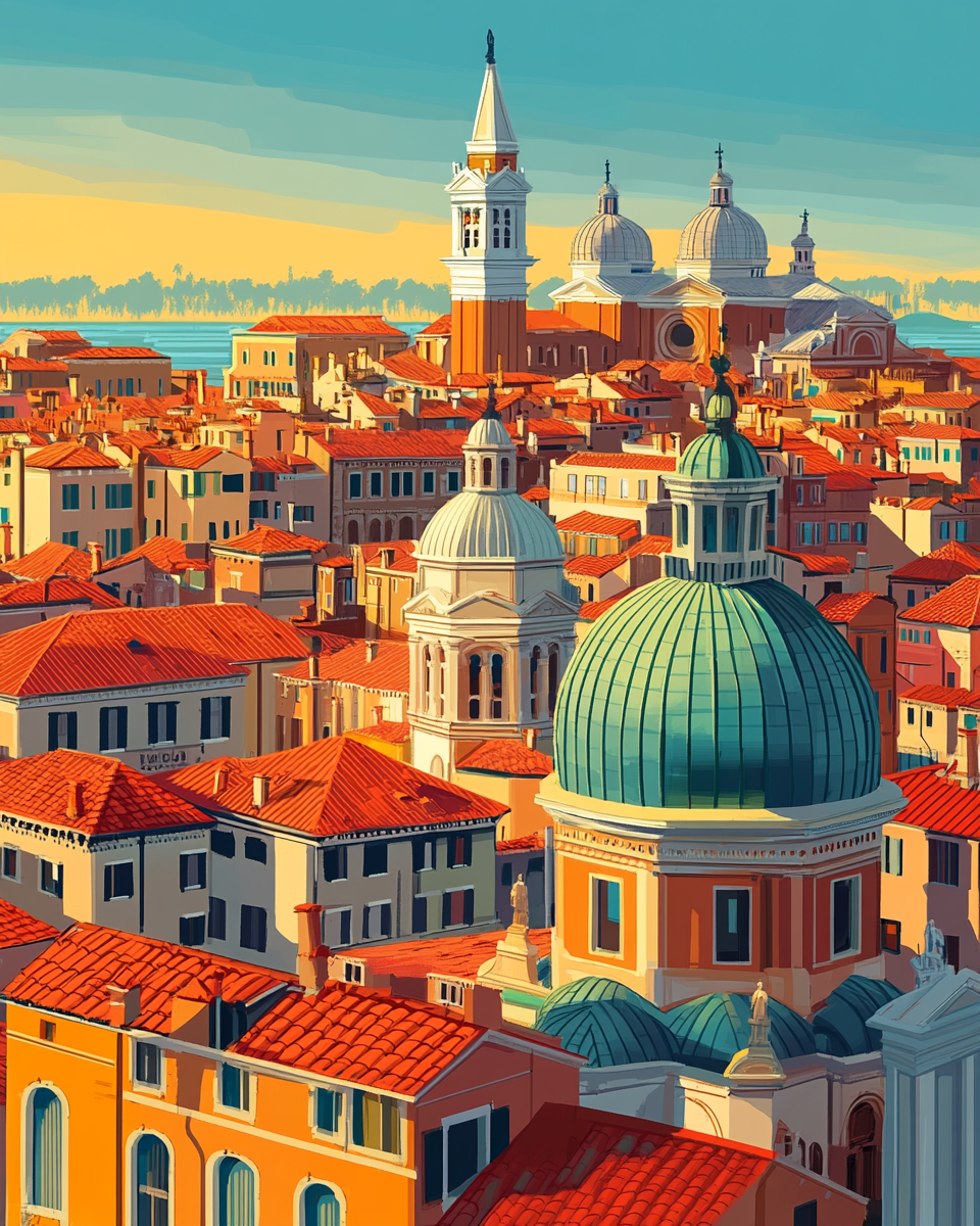 A Vibrant Sunset over Venice's Colorful Architecture