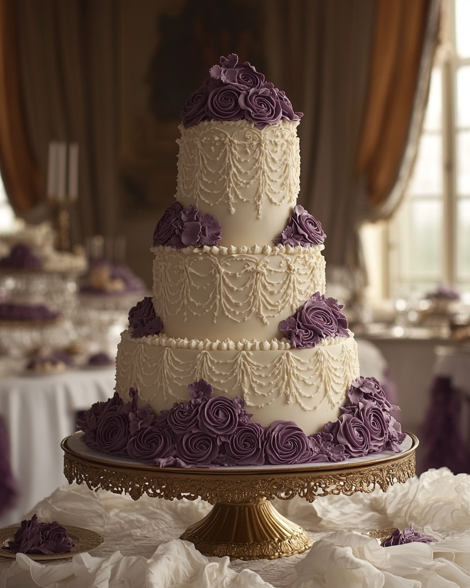 A Victorian-inspired tall wedding cake in purple swirls