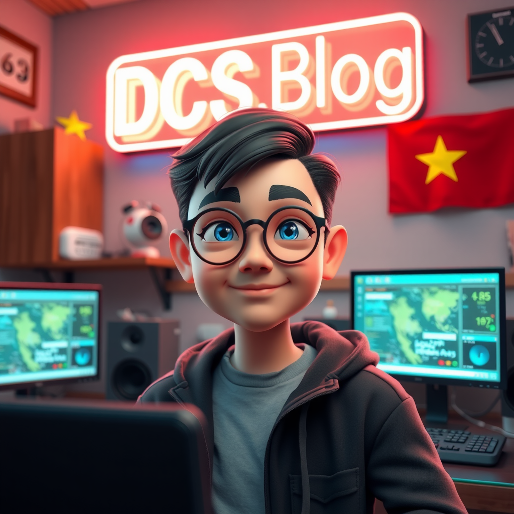 A Vietnam boy with glasses in a coding room.