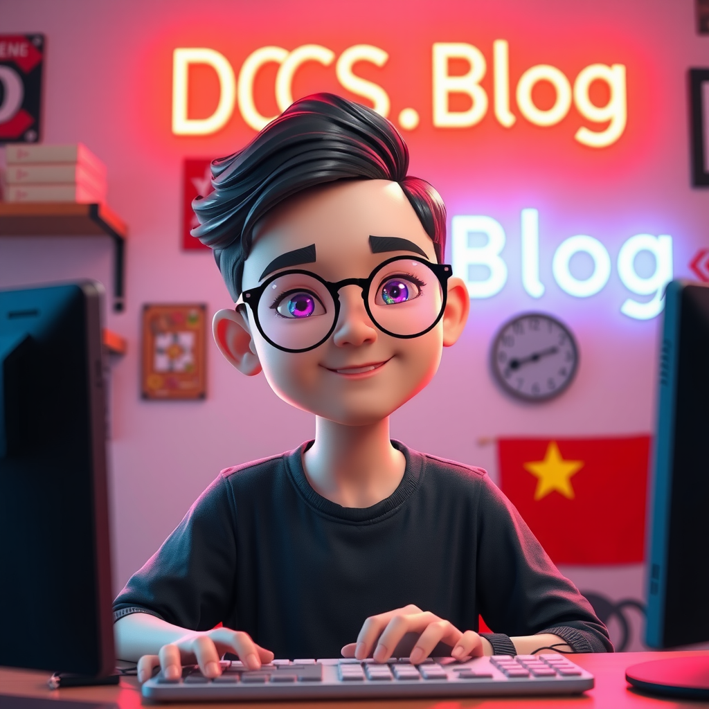 A Vietnamese boy with glasses in tech room