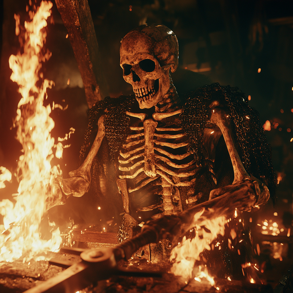 A Viking skeleton blacksmith crafting a flaming sword