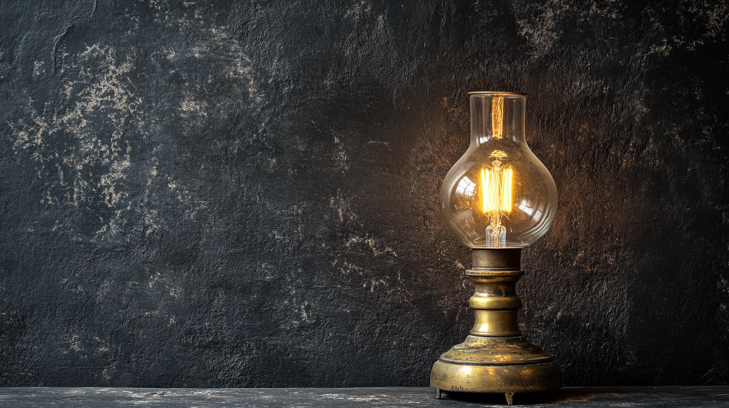 A Vintage Brass Lamp Glowing in Dark Room