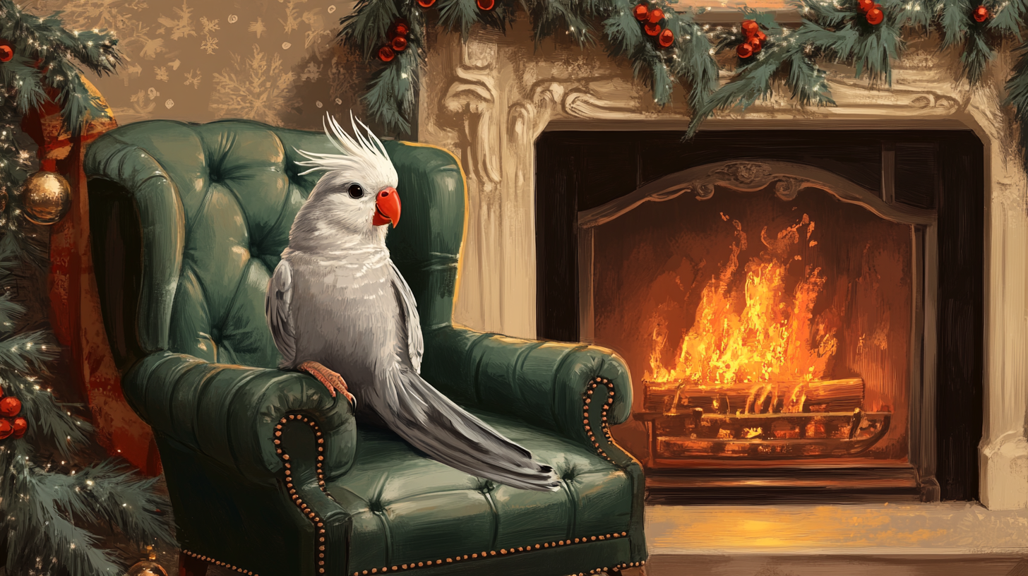 A Vintage Christmas Card with Cockatiel by Fireplace