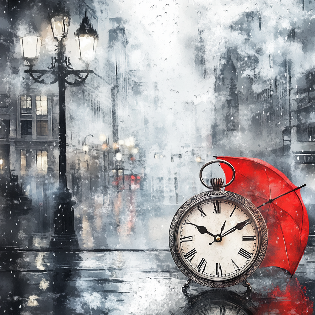 A Vintage Clock in Rainy Cityscape Scene