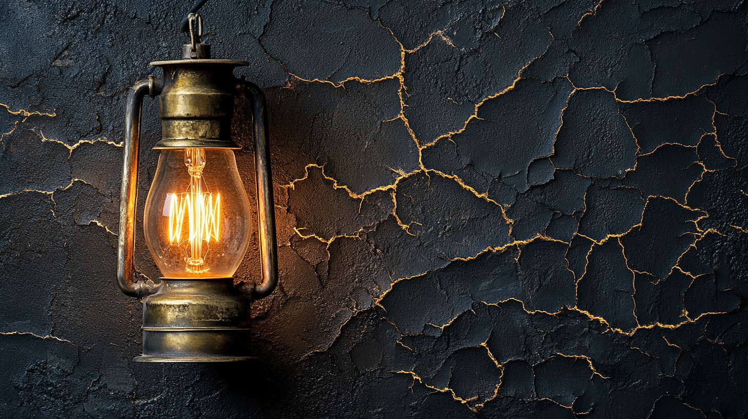 A Vintage Electric Lamp Glowing on Cracked Wall