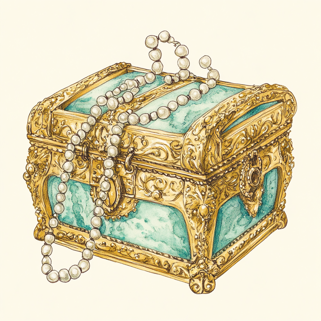 A Vintage Golden Treasure Box with Pearls and Gold