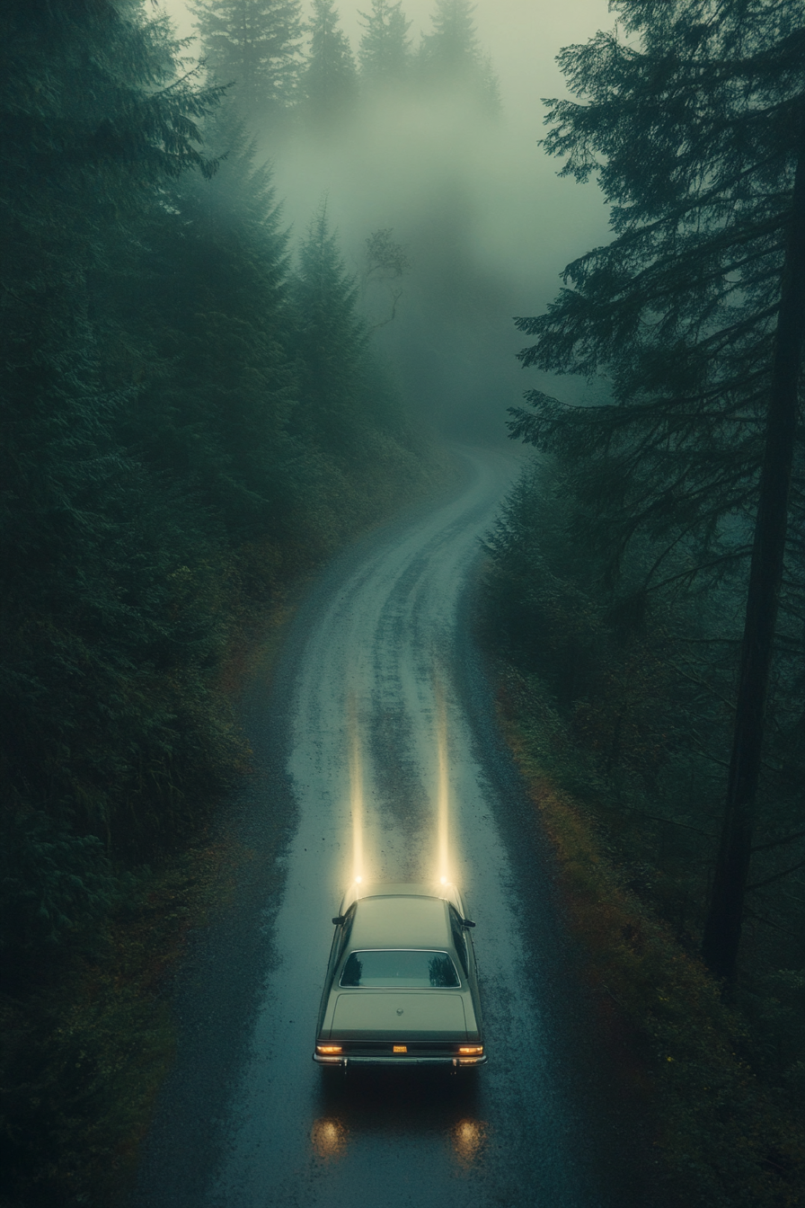 A Vintage Toyota Driving in Foggy Mountains