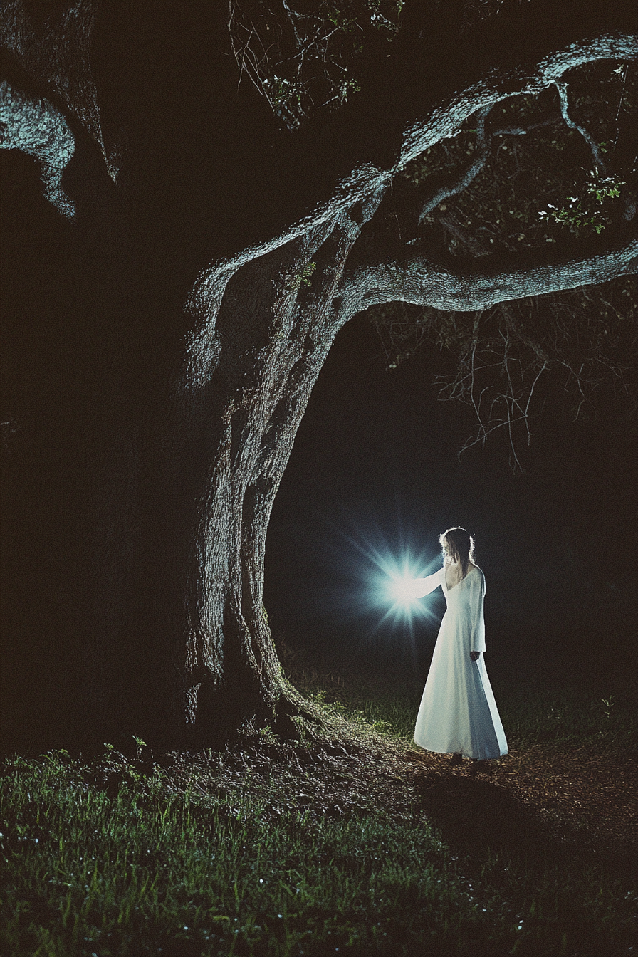 A Vintage Witch at Night with Flashlight