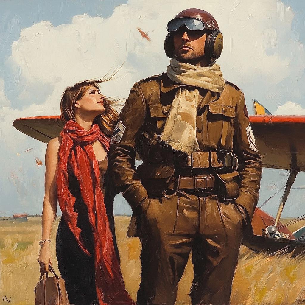 A WW1 pilot by his plane with a woman.