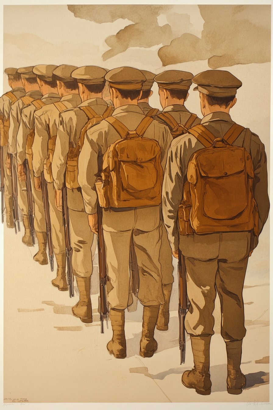 A WWI poster showing men registering for draft.