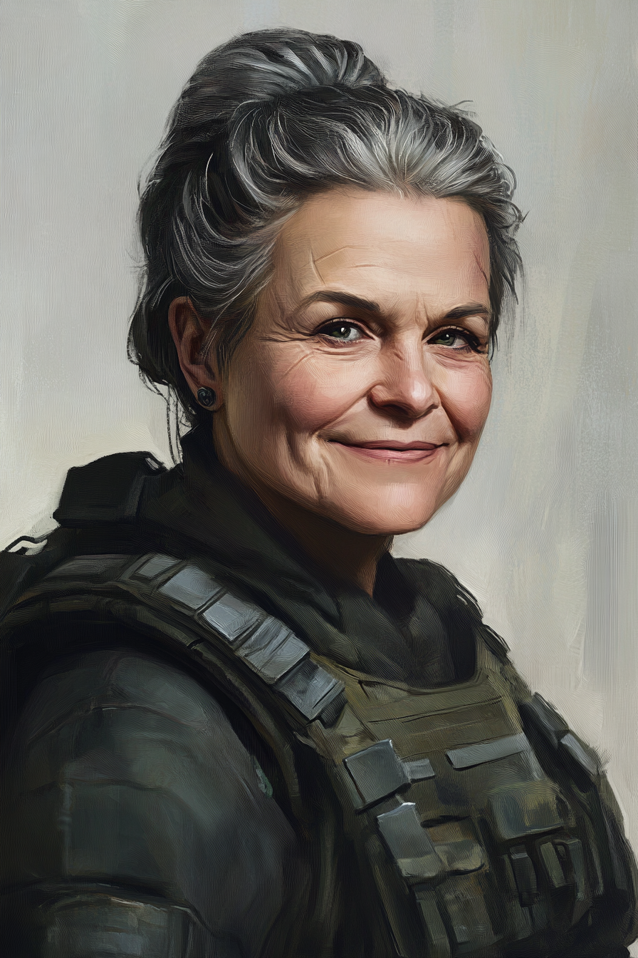 A Warm-Smiling Elderly Female Mercenary Portrait