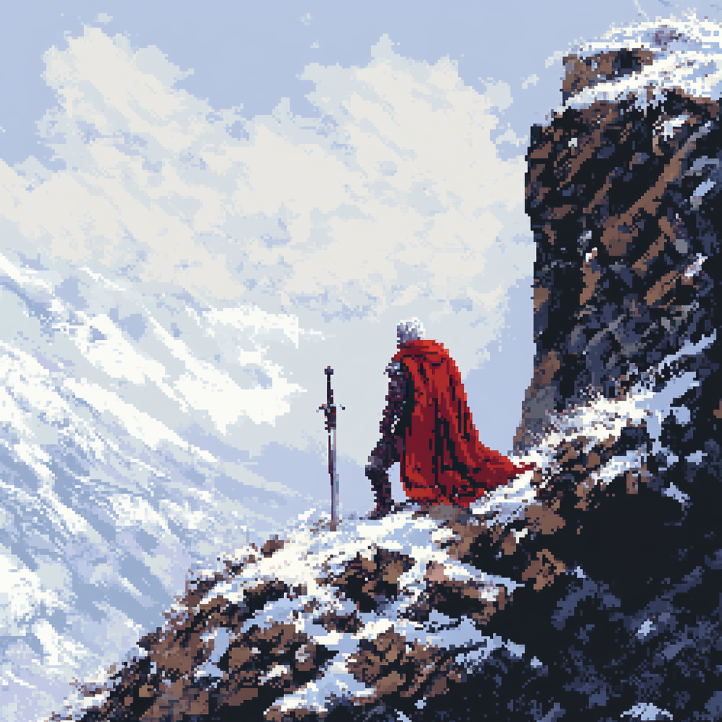 A Warrior Resting in Snowy Mountain with Red Cloak