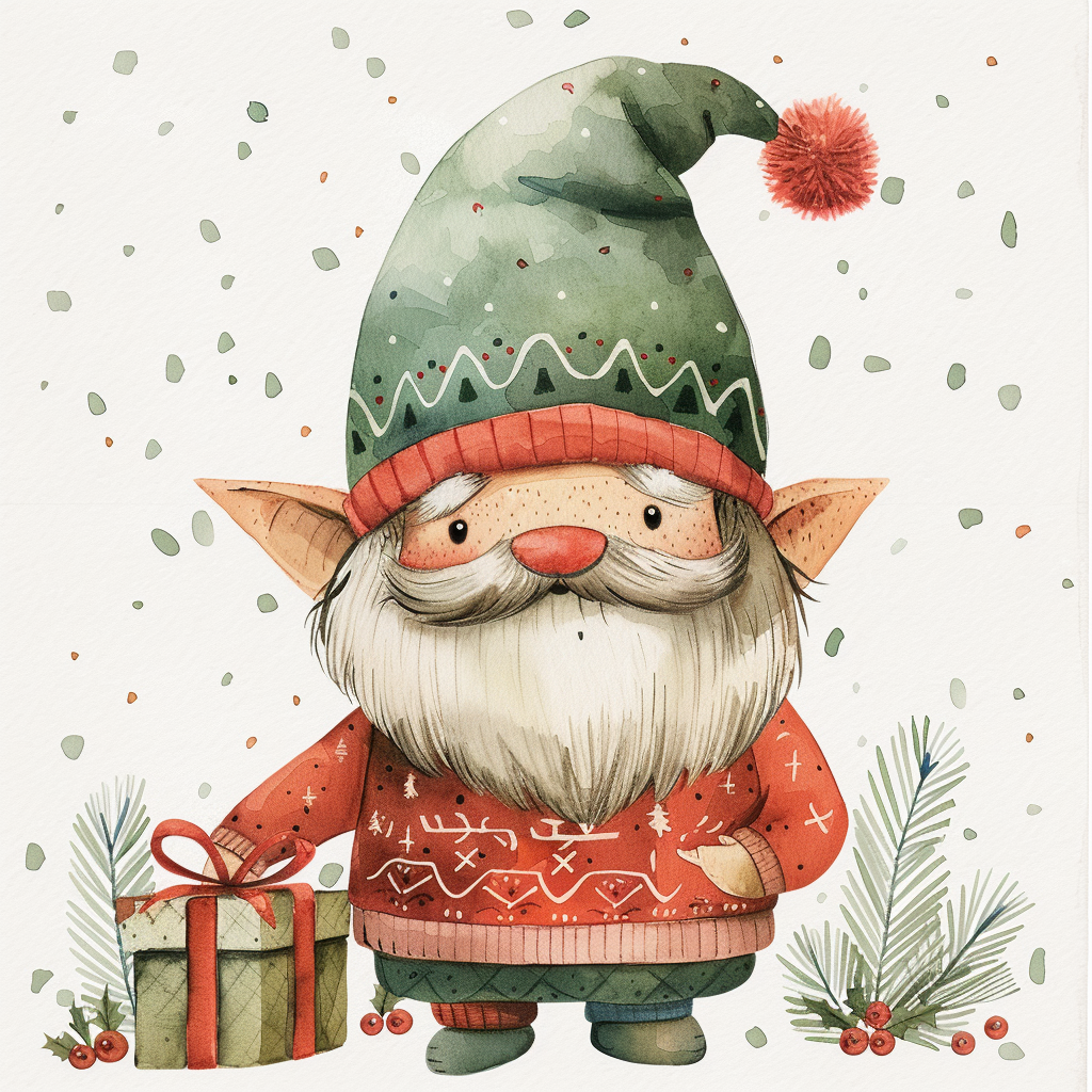 A Watercolor Christmas Gnome Holding Present in Mary Blair Style