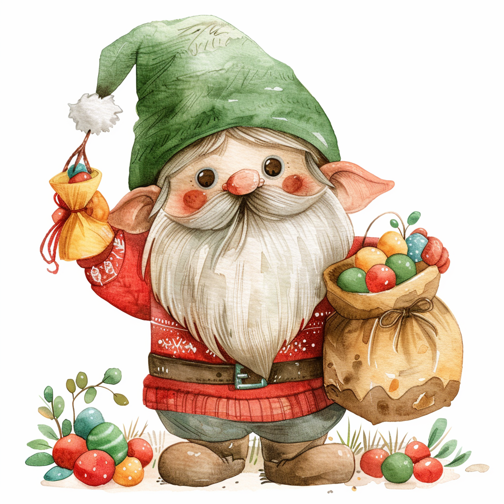 A Watercolor Christmas Gnome with Candy Sack Illustration