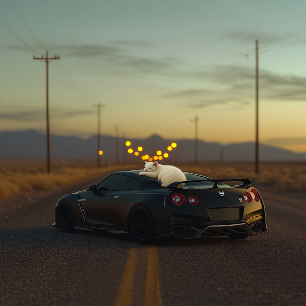 A White Cat Sleeping on a Black Nissan GT-R