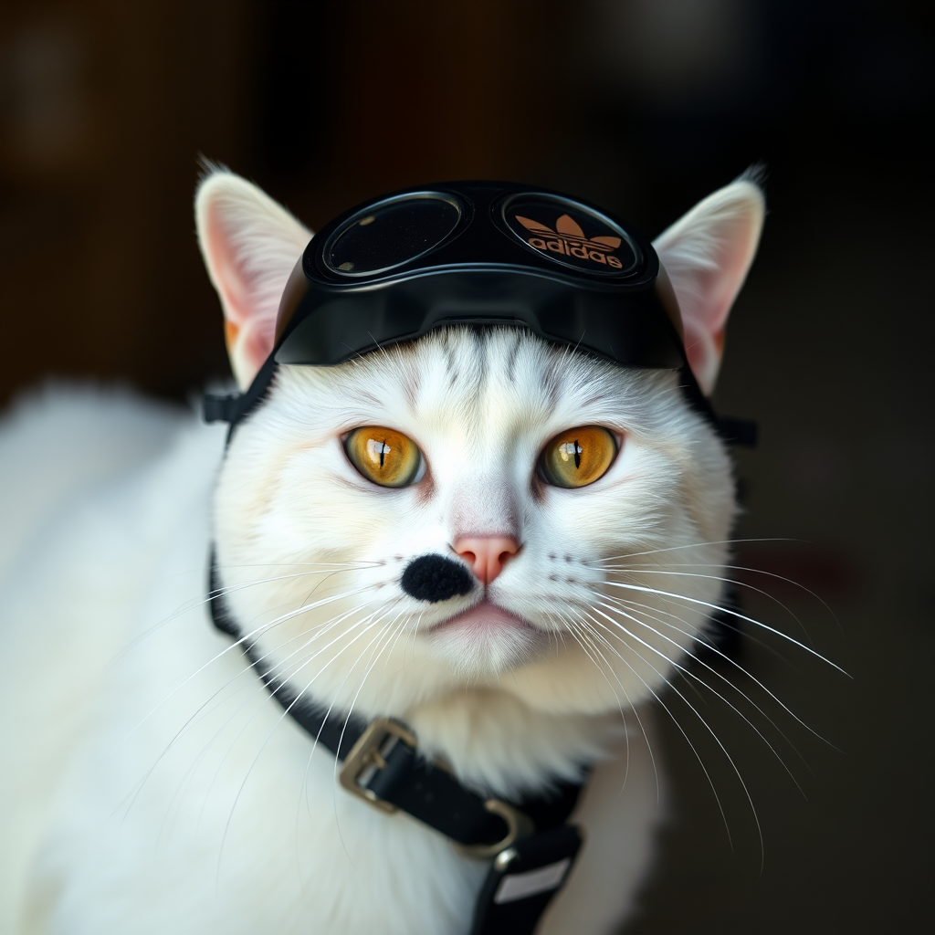 A White Cat with Adidas shoes and a Tattoo.