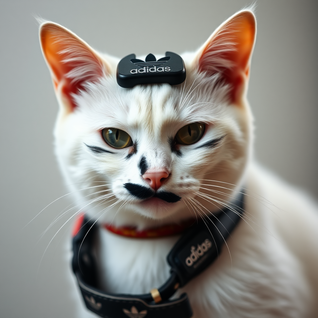 A White Cat with Black Mustache and Tattoo