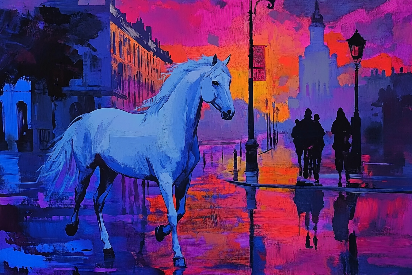 A White Horse Roaming in Early Morning City