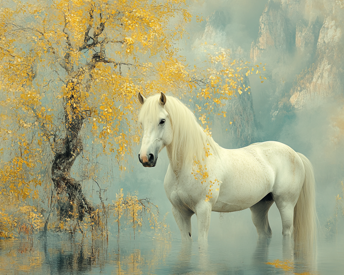 A White Horse by a Magnificent Ginkgo Tree