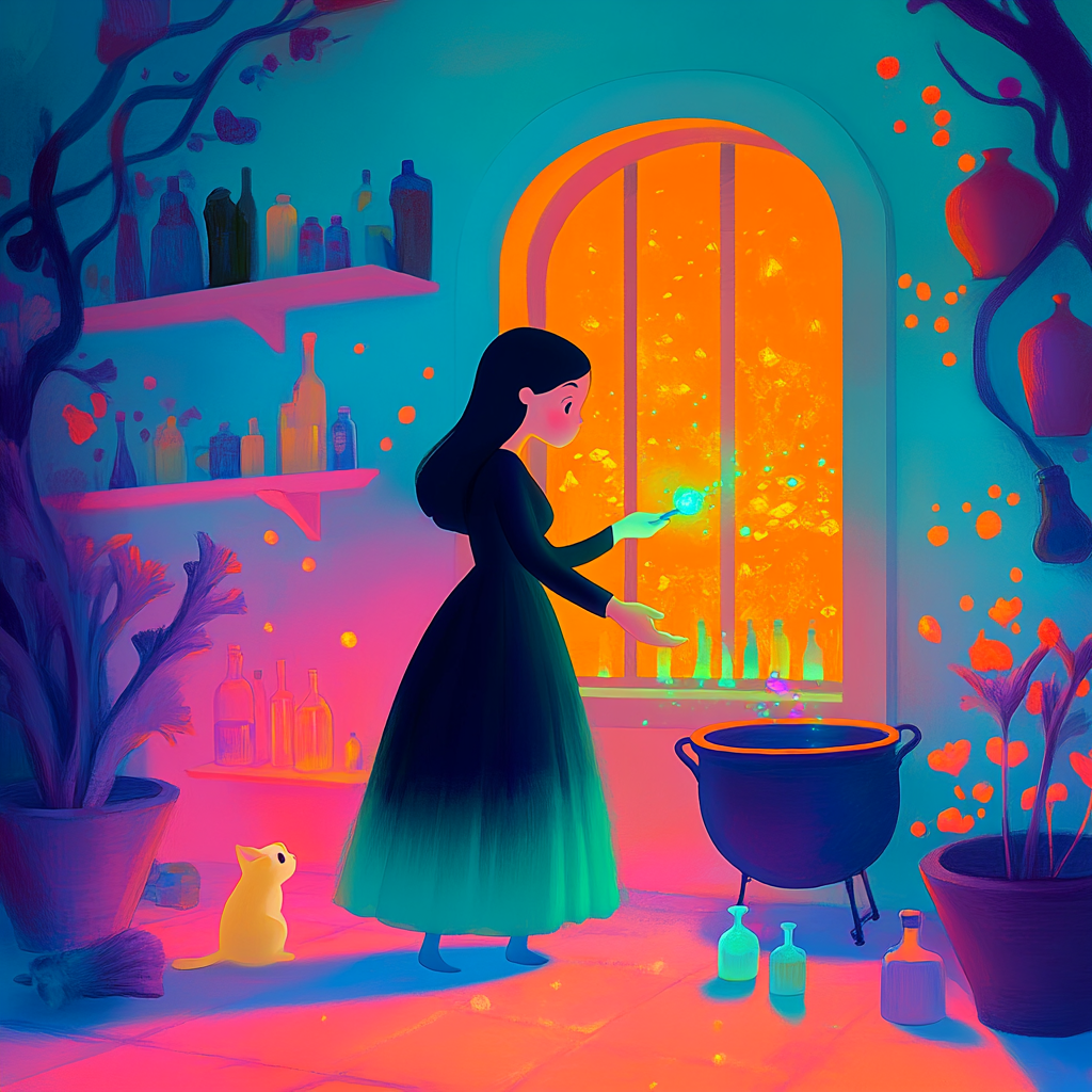 A Witch Mixing Potions in a Magical House.