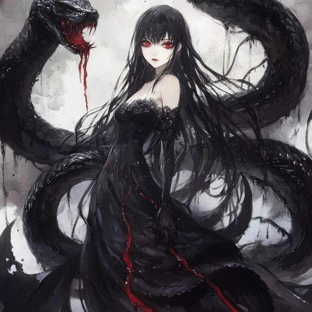 A Witch with Crimson Eyes and Serpent Monster