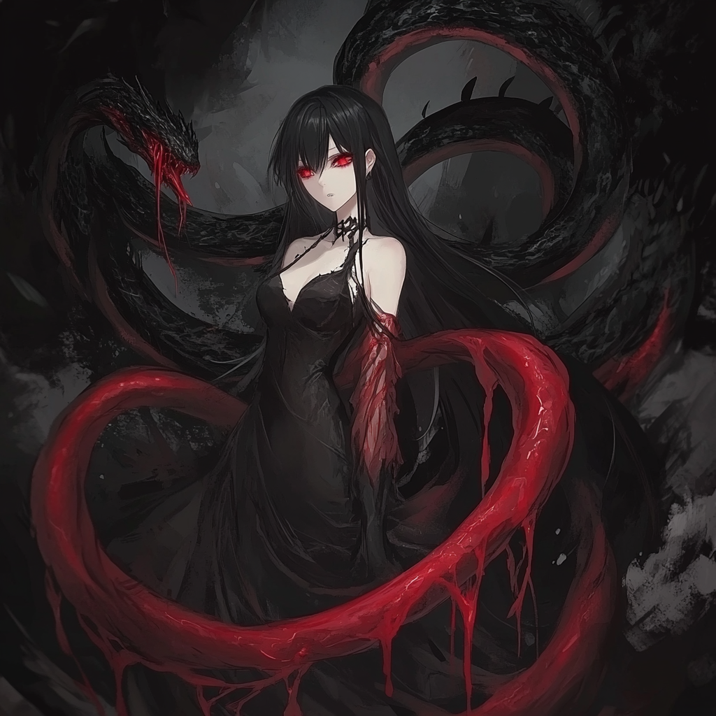 A Witch with Red Eyes and Black Serpent Monster