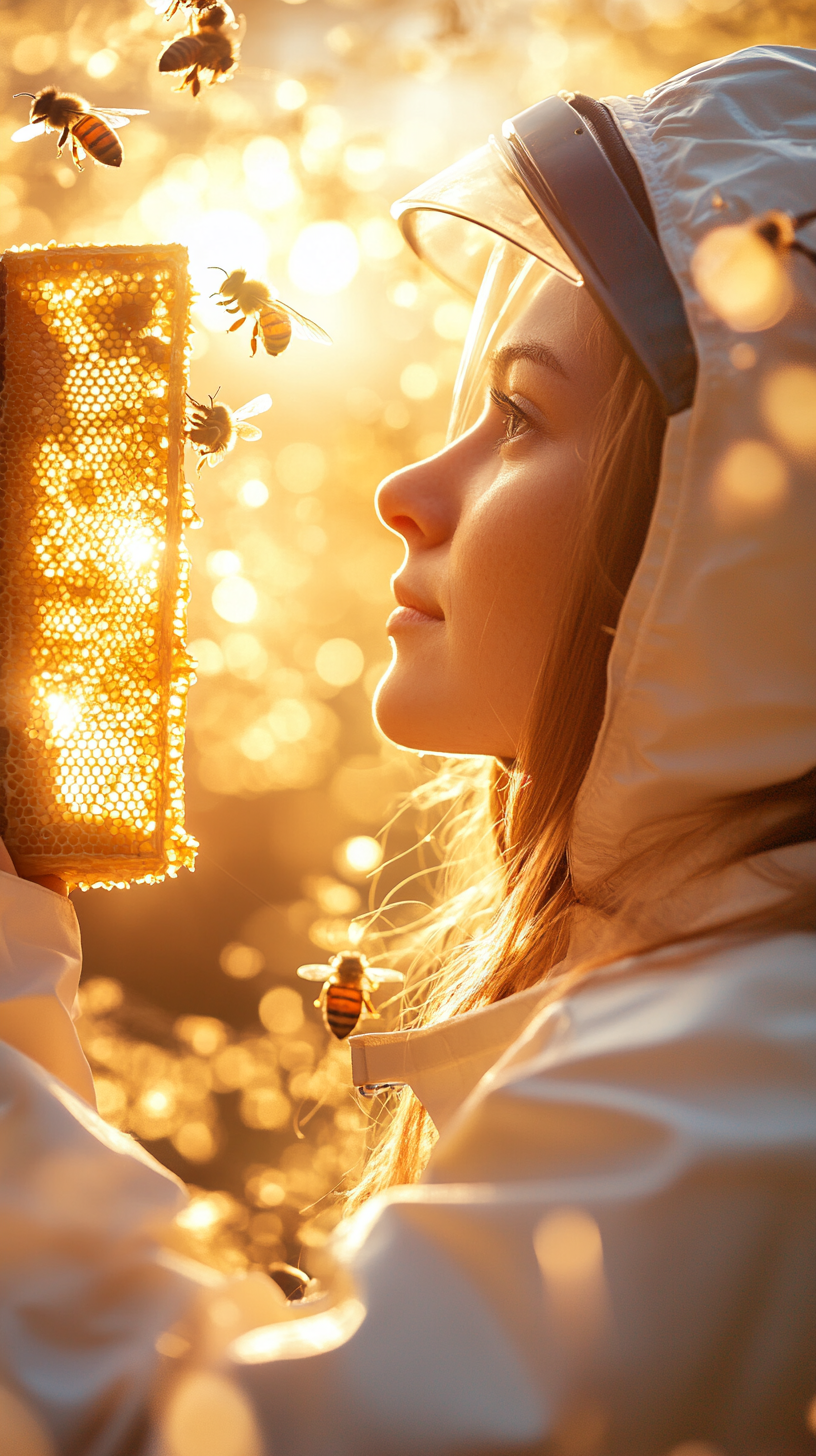 A Woman Beekeeper Examines Honeycomb in Golden Light