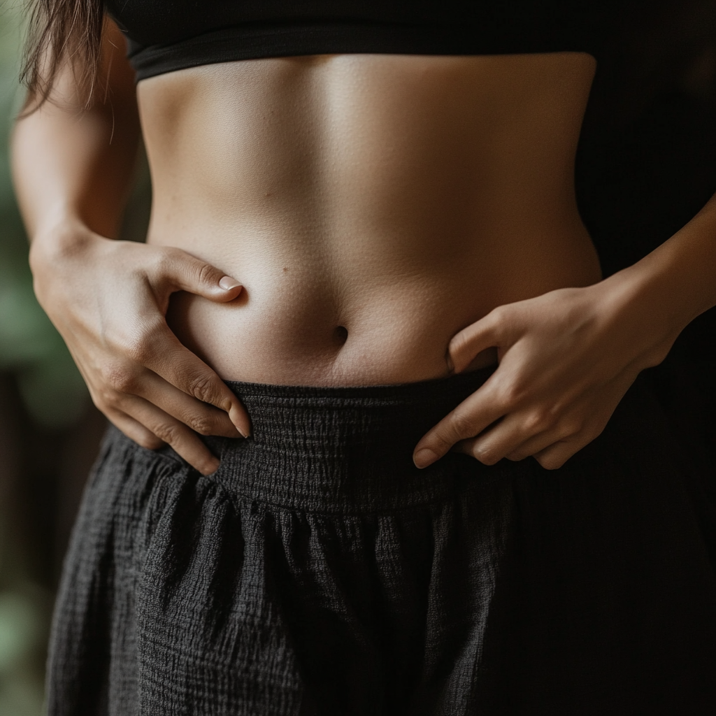 A Woman Checks Her Waist Unhappily