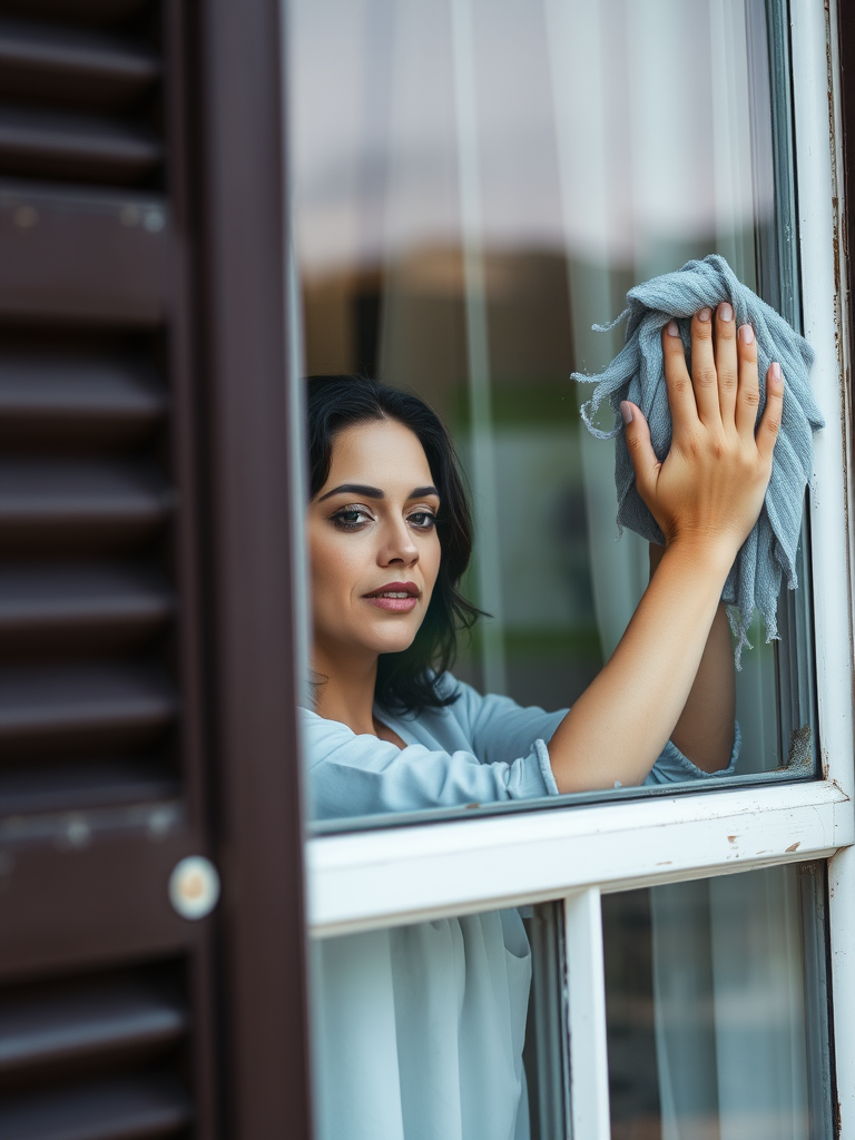 A Woman Cleaning the Window