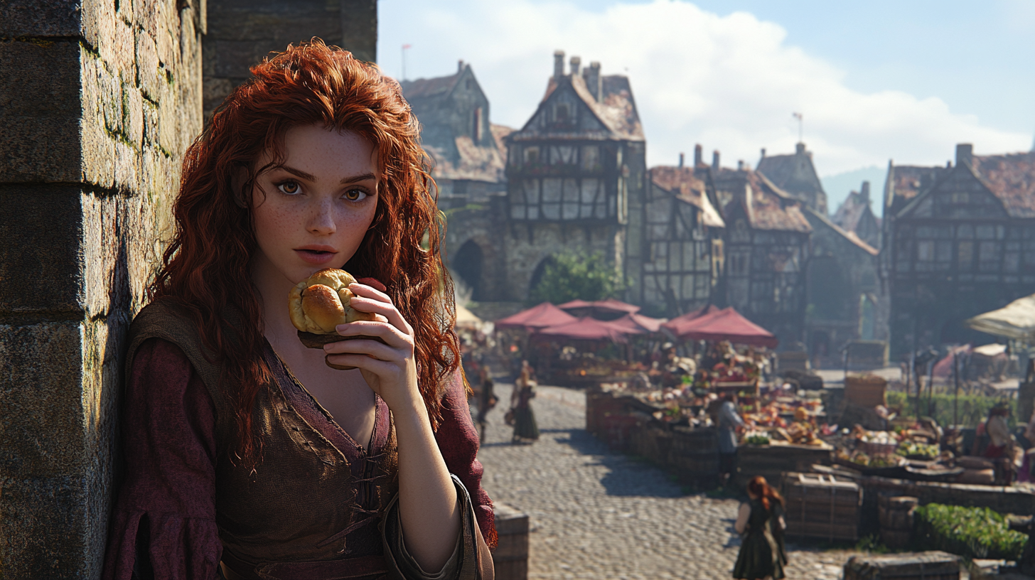 A Woman Eating a Bun in Fantasy Town