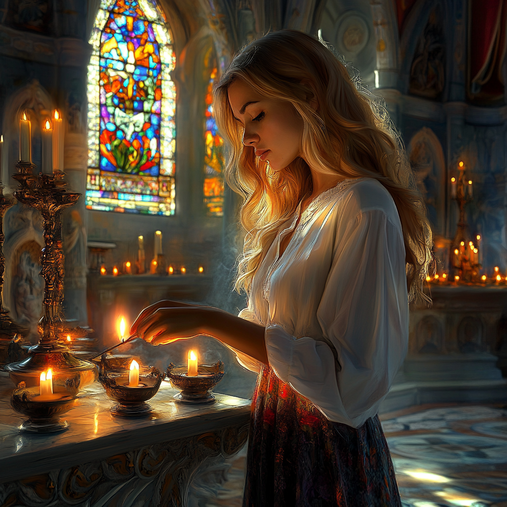 A Woman Lighting Candle in Tranquil Chapel