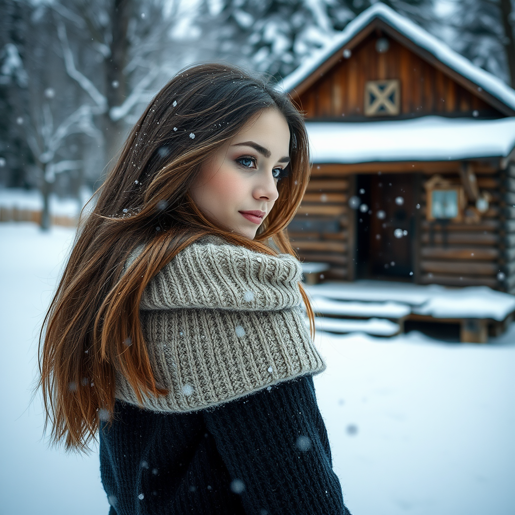 A Woman Posing Beside a Snowy Wooden Hut