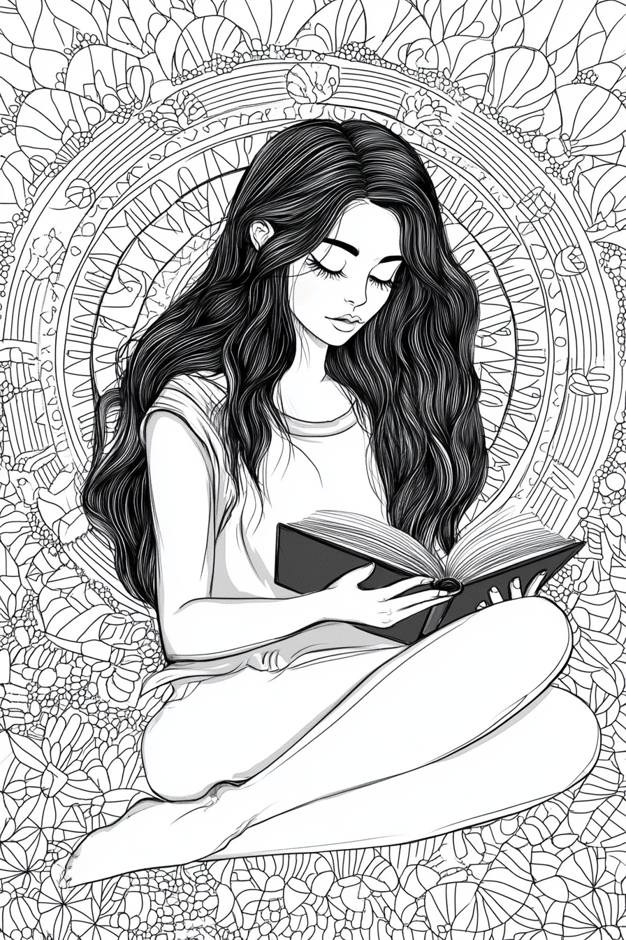 A Woman Reading in Zen Mandala Scene