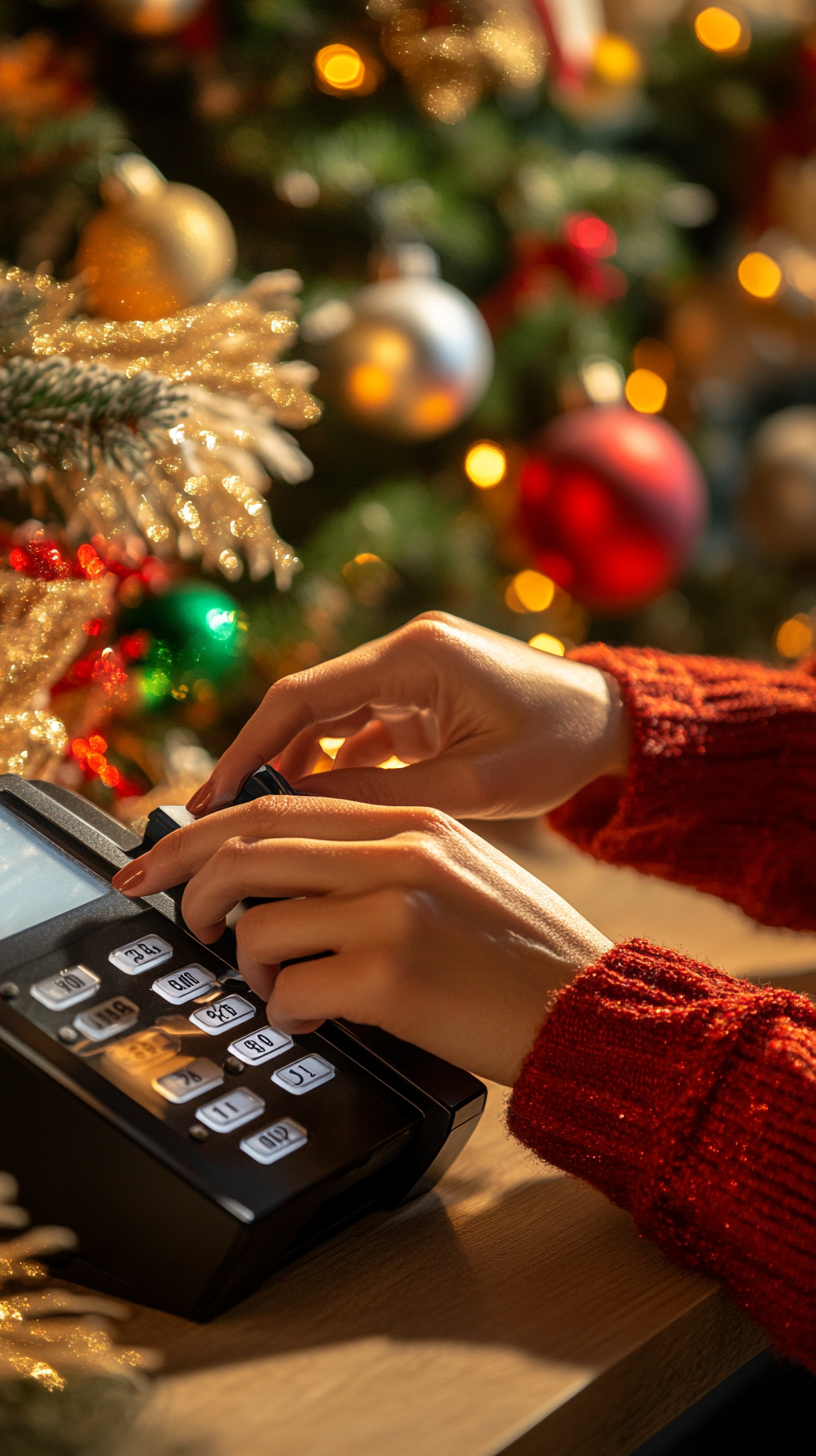 A Woman Using POS Machine in Christmas Shopping