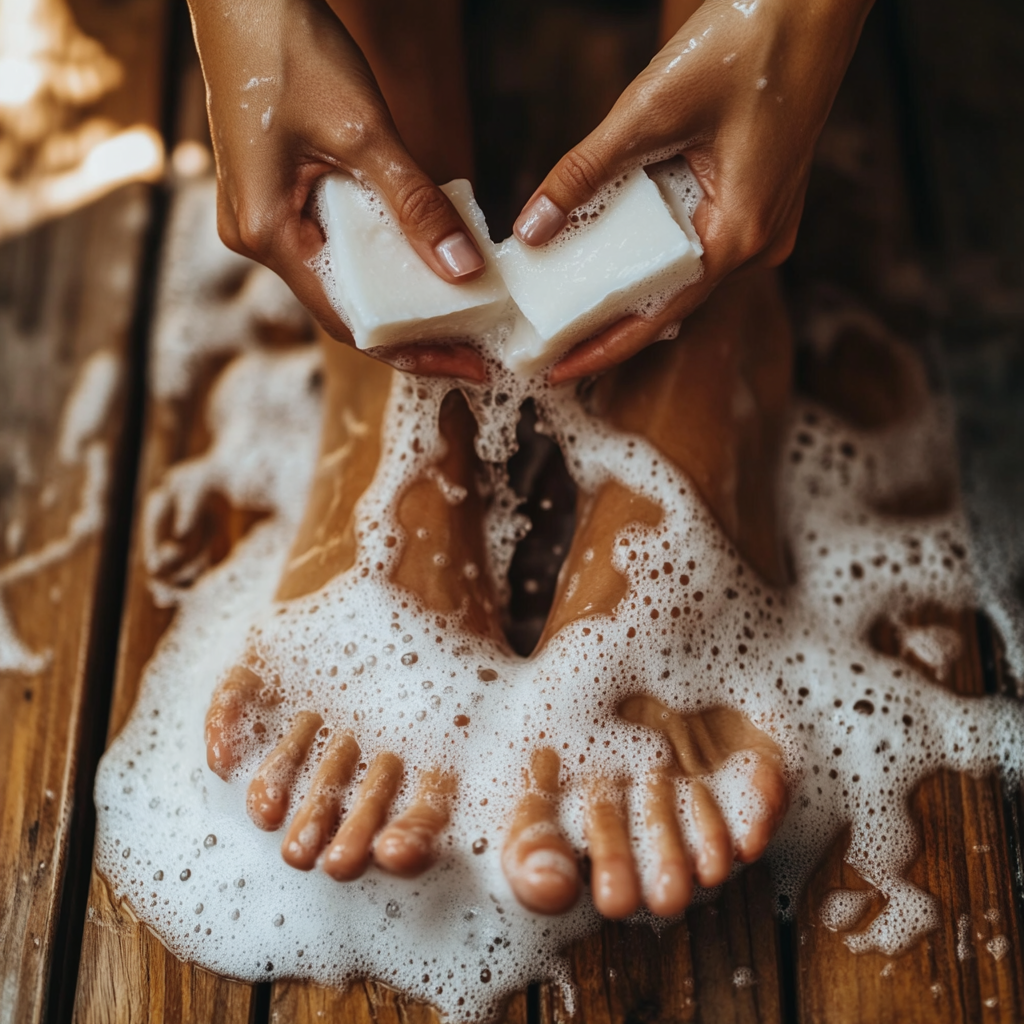 A Woman Washes Her Feet with Soap