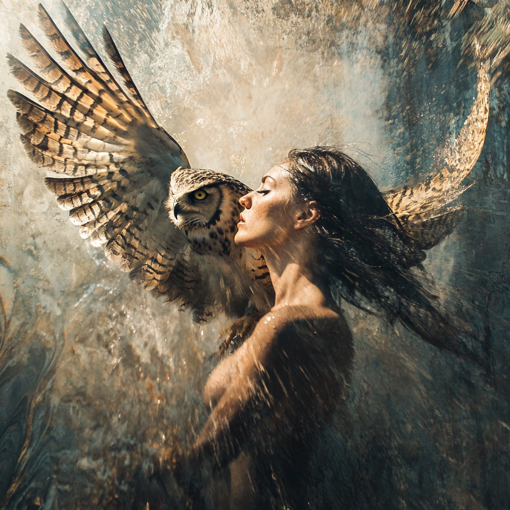 A Woman and an Owl in Flight Portrait