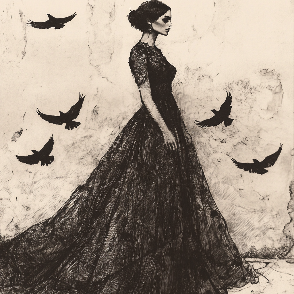 A Woman in Flowing Gown with Black Birds