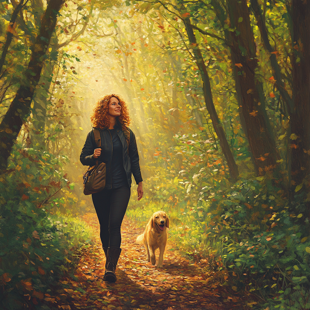 A Woman in Forest Path with Golden Retriever