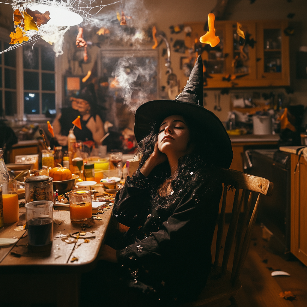 A Woman in Halloween Costume Tired at Celebration