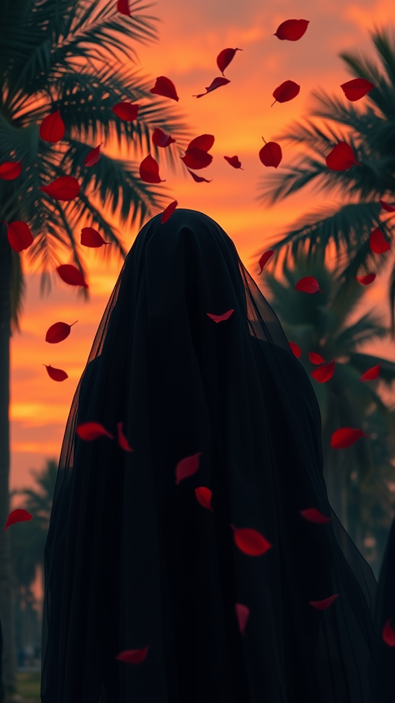 A Woman in Hijab Amidst Rose Leaves at Sunset