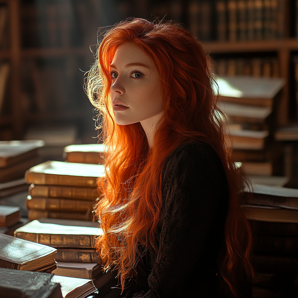 A Woman with Red Hair Researching in Library