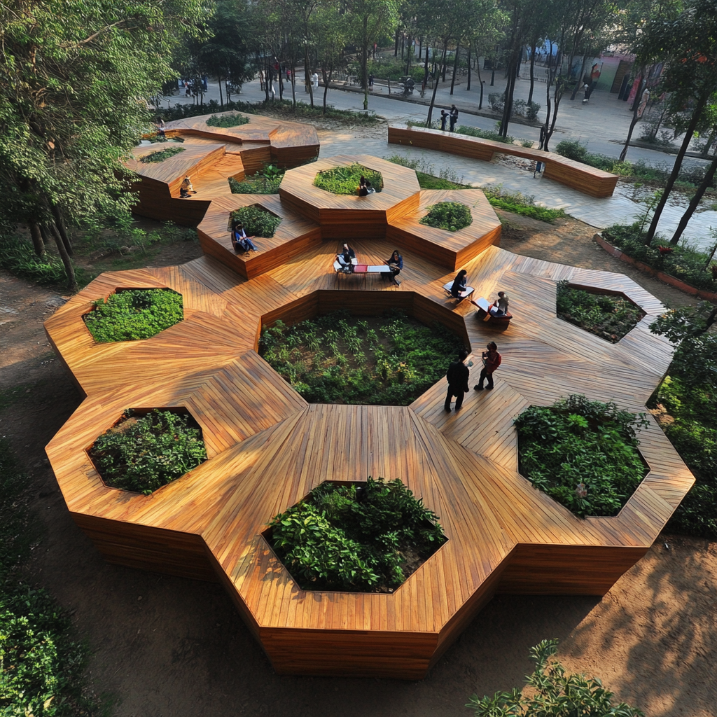 A Wooden Study Space with Round Platforms and Garden