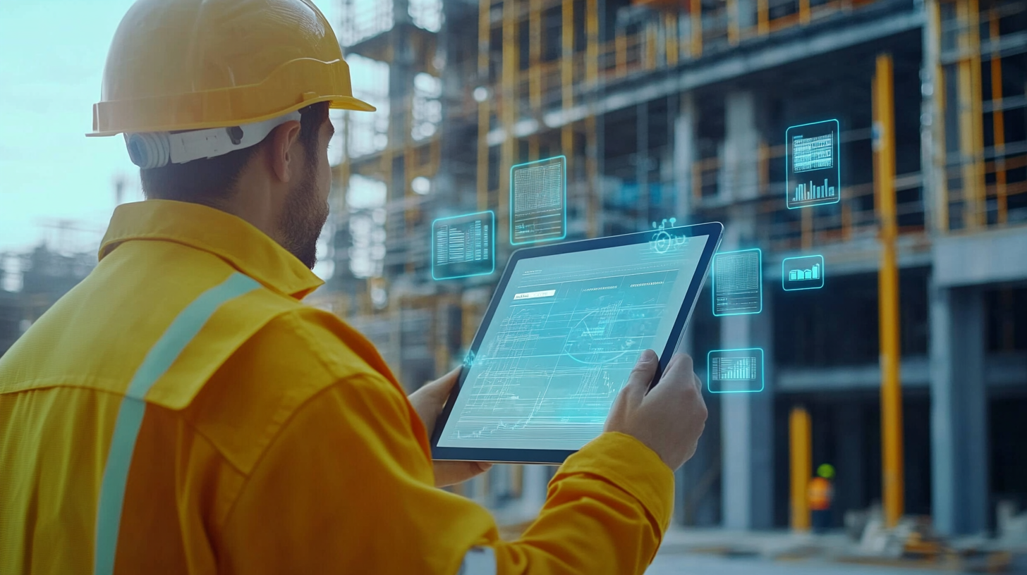 A Worker with a Tablet on a Construction Site